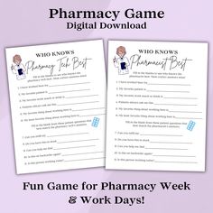 two printable pharmacy game cards with the words, fun game for pharmacy week and work days