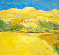 an oil painting of mountains in the distance with blue sky and yellow grass below it