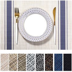 an empty plate and silverware on a striped tablecloth with place settings in different colors