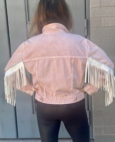 Pink leather Fringed Jacket.  XS.  Oversized fit. Can fit Small/Medium Reworked Denim Jacket, Reworked Flannel, Jean Rose, Fringed Jacket, Pink Denim Jacket, Reworked Denim, White Jean Jacket, Fringe Leather Jacket, Glendale Az