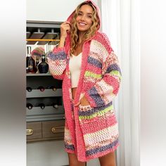 Multicolor Stripes Sweater, Hood Cardigan, Long New Fuchsia Multi Acrylic Small Medium Large Xlarge Available Free People, Johnny Was, Gypsy, Anthropologie, Bohemian, Hippie, Trendy