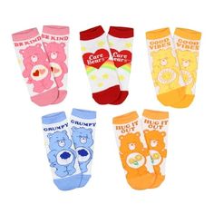 Add some Care Bear charm to your wardrobe with this 5-pack of ankle socks, featuring a delightful mix of designs that can be easily combined for a fun and colorful look. Each pair highlights a distinctive design: the classic Care Bear logo surrounded by a rainbow and stars, the lovable Grumpy Bear, the friendly Friend Bear, the affectionate Love-a-Lot Bear, and the sunny Funshine Bear. Whether you're feeling cheerful, caring, or just needing extra comfort, these socks offer the great blend of pl Grumpy Bear, Funshine Bear, Bear Logo, Care Bear, Care Bears, Socks And Hosiery, Ankle Socks, Mix N Match, Personalities