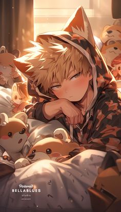 an anime character laying in bed surrounded by stuffed animals and holding his head with one hand