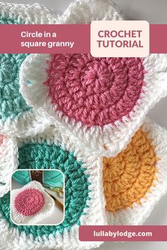 the crochet square granny blanket is shown in pink, white and green colors