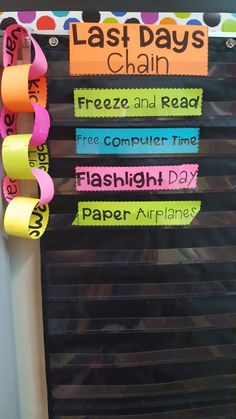 a bulletin board that has some writing on it and is decorated with colorful paper strips