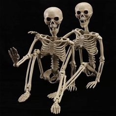 two skeleton figurines sitting next to each other on a black background with one holding the hand