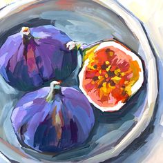 an oil painting of three purple onions on a plate