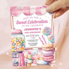 a hand holding up a candy themed birthday party card with the words sweet celebration as we celebrate