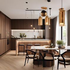 a modern kitchen and dining room with wood paneling, marble counter tops and pendant lights hanging from the ceiling