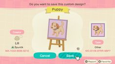 an animal crossing game with a puppy painting on the easel and other items to choose from