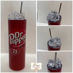 a collage of pictures showing the process of making a soda drink with ice cubes