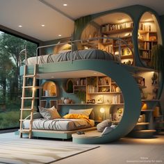 a bedroom with a spiral shaped bed in the middle and bookshelves on the wall