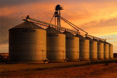 a row of silos sitting next to each other on top of a field