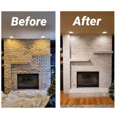 before and after pictures of a brick fireplace