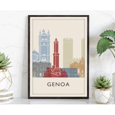 the san diego skyline is shown in an art print on a wall next to potted plants