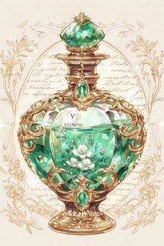 an illustration of a green perfume bottle with jewels on it