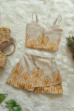 Averie US Bohemian Beige Summer Set, Yellow Bohemian Sets For The Beach, Bohemian Yellow Sets For The Beach, Bohemian Yellow Sets With Block Print, Beige Fitted Bohemian Sets, Bohemian Yellow Sets For Beach, Bohemian Yellow Block Print Sets, Bohemian Yellow Beach Sets, Yellow Bohemian Set For Festival