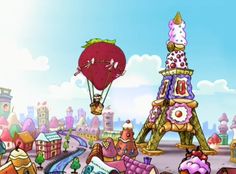 an animated image of a city with lots of buildings and balloons in the sky above it