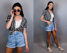 Lovely 90s plaid summer shirt top for women. Short sleeved blouse is made of soft and pleasant cotton fabric. Closes button down. Ideal top for rocker festival outfits inspired by grunge or punk style clothing. ▼ D e s c r i p t i o n ▼ BRAND: Milla MATERIAL: 100% cotton COLOR: Black, white ERA: c. 1990s CONDITION: Excellent Vintage  FITS LIKE: Marked size EU 40. Fits like S - M, but please refer to the exact measurements. The model size is S. MEASUREMENTS (flat): ✂Length (from shoulders to the Vintage Mens Blazer, Slip Wedding Dress, Short Sleeved Blouse, Plaid Outfits, Punk Rocker, Vintage Windbreaker, Festival Clothing, Style Punk, Vintage Fits