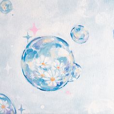 an oil painting of bubbles and daisies on a blue surface with stars around them