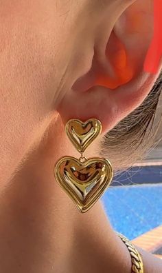 Gold Puffy Double Heart Drop Earrings Stainless Steel 18k Gold - Etsy Romantic Earrings, Gold Heart Earring, Spring Valley, Dope Jewelry, Classy Jewelry, Heart Drop Earrings, Jewelry Lookbook, Double Heart, Girly Jewelry