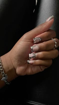 #frenchtip #nailart #chromenails Silver Nail Ideas Acrylic, Silver Nail Designs Acrylic, Square Silver Nails, Silver Chrome Nails Designs Square, French Tips With Chrome Square, Birthday Nails Silver, Grey French Tips, Short French Tip Acrylic Nails Chrome Hearts, Sliver Chrome Nails French Tip