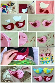 the collage shows how to make felt bird masks for children's birthday parties