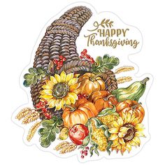 a happy thanksgiving sticker with sunflowers, pumpkins and cornucts