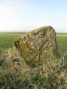 a large rock sitting on top of a lush green field