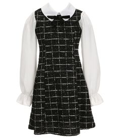 From Allison & Kelly&#x2C; this dress features:Solid woven collar and long sleeves with elasticized cuffsBouclé bodyButton keyhole back30" lengthShell of polyester/cotton/LurexContrast of polyesterMachine wash/lay flat to dryImported. Long Sleeve Ruffled Dress For School, Long Sleeve Winter School Dress, Black Spring Dress With Bow Print, Black Knee-length Plaid Dress For Summer, Black Plaid Cotton Mini Dress, Plaid Cotton Knee-length Mini Dress, Plaid Cotton Button-up Dress, Long Sleeve Shift Dress, Special Occasion Outfits