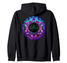 a black hoodie with an image of a flower in the center and purple, blue,