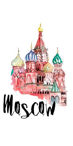 the word moscow written in black ink on a white background with colorful buildings and domes