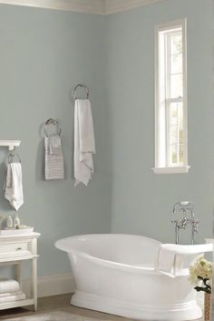 wall paint colors, interior design, home decorating, kitchen designs Quiet Moments Benjamin Moore Bathroom, Neutral Blue Bathroom, Benjamin Moore Bathroom, Turquoise Paint Colors, Diy Hardwood Floors, Bathroom Wall Colors, Turquoise Paint, Paint Guide, Solid Wood Kitchen Cabinets