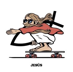 an image of jesus riding a skateboard with the word jesus on it's side