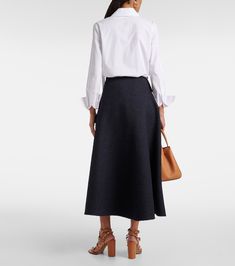 Tweed midi skirt in blue - Valentino | Mytheresa Chic Flowy Wool Skirt, Classic Cotton Midi Skirt, Classic Midi Length Cotton Skirt, Chic Wool Flared Skirt, Formal Spring Wool Skirt, Formal Wool Skirt For Spring, Spring Formal Wool Skirt, Full Wool Skirt For Workwear, Wool Full Skirt For Workwear