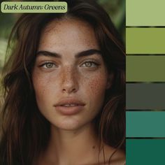 a woman with freckles on her face is shown in shades of green and brown