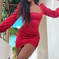 red dress puff shoulder ruched dress square neckline short dress puff shoulder tight dresses #rucheddress #ruchdress #tightdress #puffshoulder #scrunchdress Ruched Bodycon Dress, Ruched Dress, Square Necklines, Square Neckline, Short Dress, Daily Fashion, Square Neck, Evening Gowns, Gowns Dresses