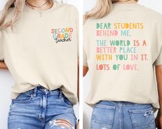 two pictures of a woman wearing a t - shirt that says, dear students behind me the world is a better place with you in it lots of love