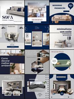 the interior design brochure is displayed in blue and white colors, including furniture