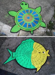 two pictures of the same turtle painted on concrete