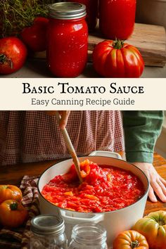 tomato sauce in a white bowl with tomatoes around it and the words basic tomato sauce