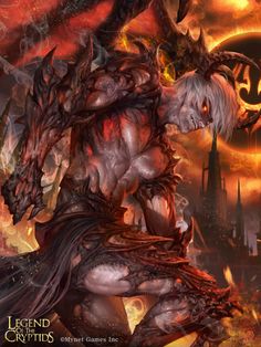 an image of a demonic creature in the middle of a fire and flames scene with text that reads legend creatures