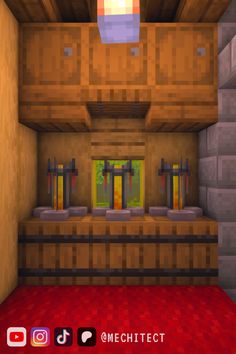 the inside of a minecraft house with a red carpet and two doors on each side