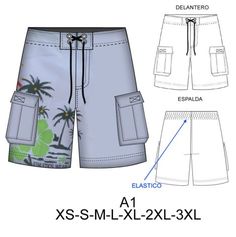 men's swim trunks with palm trees printed on the side and drawstring