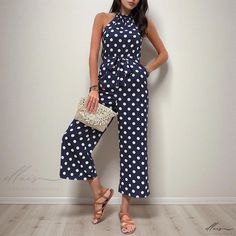 Elluis - Stylish Polka Dot Wide-Leg Jumpsuit featuring a Classy Halter Neck Strap Neck Strap, Wide Leg Jumpsuit, Halter Neck, Polka Dot, Length Sleeve, Polka Dots, Wide Leg, Jumpsuit, Navy Blue