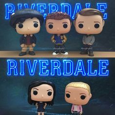 three pop figures are posed next to each other in front of a neon sign that reads riverdale