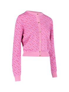 60% viscose 39% silk 1% other polyester | Versace Women's Cardigan la Greca in Pink | SS23 Barbour Steve Mcqueen, Versace Couture, Embroidered Cardigan, Steve Mcqueen, Versace Jeans, Gianni Versace, Jeans Jumpsuit, Yoga Wear, Skirt Suit