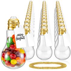 PRICES MAY VARY. Light Bulb Shaped Design: the bulb shaped jars are featured with light bulb shapes, with gold lids and flat bottom, cute and stable to stand on your table, can be filled with candies and goodies for your families and guests, and can be carried away with convenience Suitable for Multiple Items: the party favor containers can be put into plenty of small items, not only your candies, but also your flowers, green plants, seeds and little fishes, which can meet their living environme Lightbulb Ornaments, Plastic Candy Jars, Christmas Party Crafts, Light Bulb Ornaments, Graduation Party Favors, Drink Containers, Plastic Lights, Indoor String Lights, Girls Camp