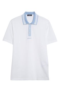 A pale Greca motif frames the collar of a polo crafted from breathable cotton piqué and styled to make a smart finish to any sporty look. 29" length (size Medium) Button half placket Spread collar Short sleeves 100% cotton Machine wash, dry flat Imported Designer Clothing Luxury Fitted Polo Shirt With Collared Neckline, Luxury Fitted Polo Shirt, Designer Fitted Polo Shirt, Designer White Tops With Ribbed Collar, Luxury Polo Shirt With Collared Neckline, Luxury White Short Sleeve Polo Shirt, Designer White Polo Shirt, Luxury White Polo Shirt With Ribbed Collar, Designer Fitted Polo Shirt With Polo Collar