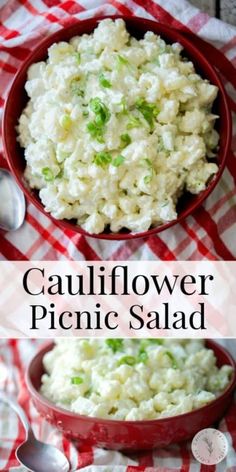 cauliflower picnic salad in a red bowl on a checkered tablecloth with spoons